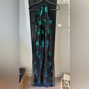 Elegant Black Maxi Dress with Green and Blue Maxi Sequin Details
